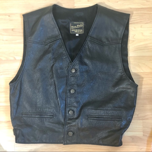 Vintage Vera Pelle Men’s Biker UNISEX Pockets Lined Black Leather Vest Size M